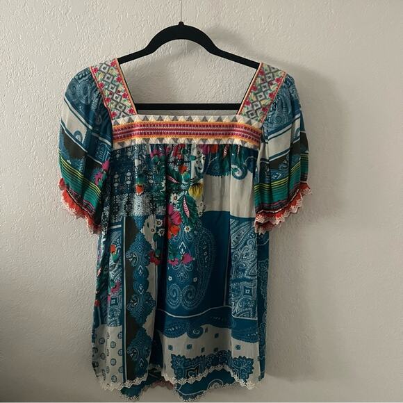 Johnny Was Hilary Blue Square Neck Printed Puff-Sleeve Blouse - Picture 9 of 9